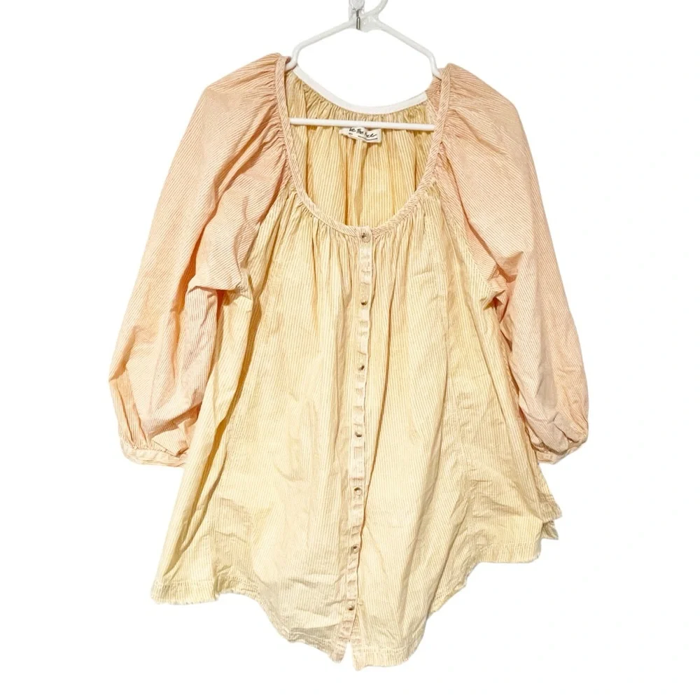 Free People Size Small Striped Button Front Oxford Swing‎ Tunic in Golden Combo